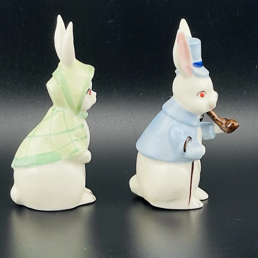 Vtg Mr & Mrs Bunny Rabbits Figure Top Hat Fine A Quality Japan Set Lot of 2 Rare